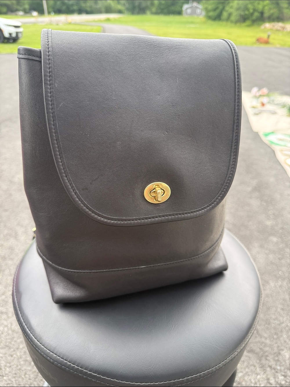 Vintage Coach Black Leather Backpack with Gold Turnlock